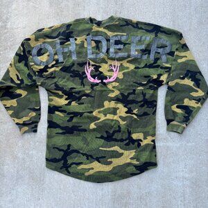 Spirit Jersey Oh Deer Camo Antler Glitter Shirt XS Oversized Hunting Outdoor USA